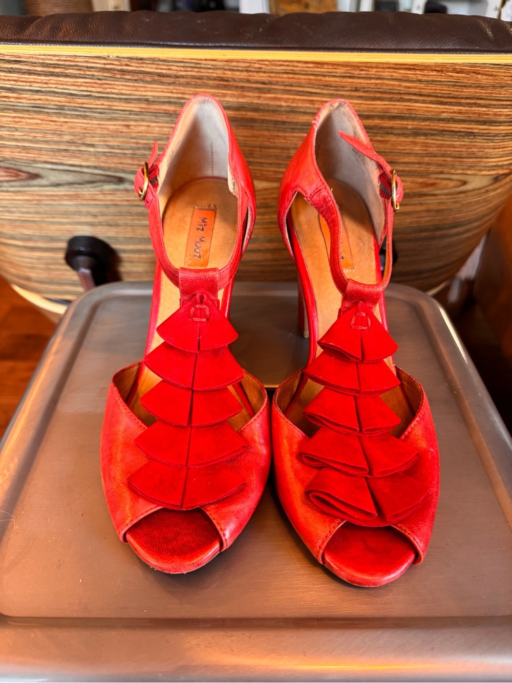 Miz Mooz Red T-Strap Peep-Toe Heels with Tiered Ruffle Detail